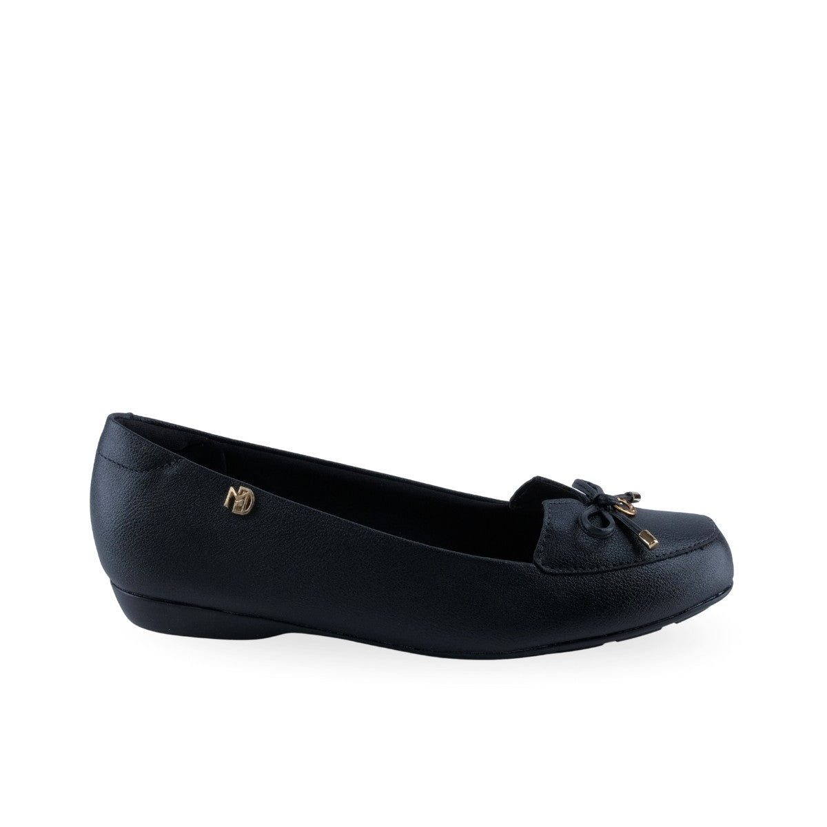 Mocasín de mujer negro texturizado con moño decorativo y detalle dorado