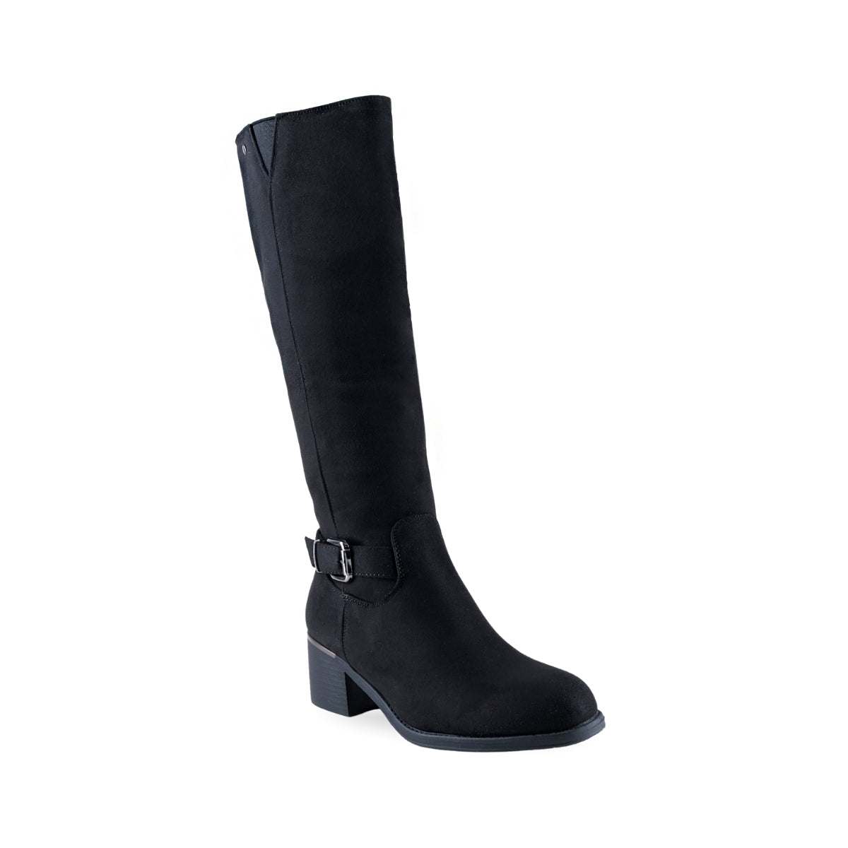 Bota alta negra para mujer con tacón ancho y hebilla