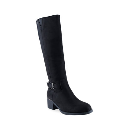 Bota alta negra para mujer con tacón ancho y hebilla