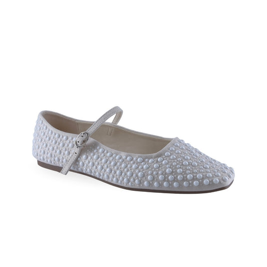 Flats balerinas beige con perlas y puntera cuadrada para mujer