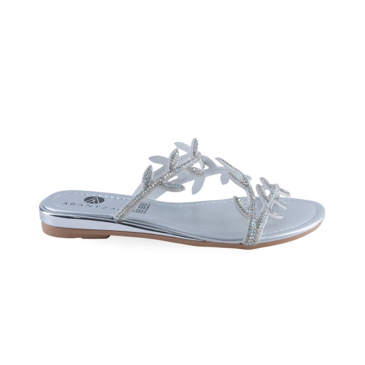 Sandalia slip-on plateada con capellada de ramas y hojas brillantes
