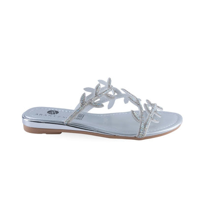 Sandalia slip-on plateada con capellada de ramas y hojas brillantes