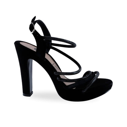 Sandalia de fiesta negra con tacón de bloque y cierre slingback ajustable
