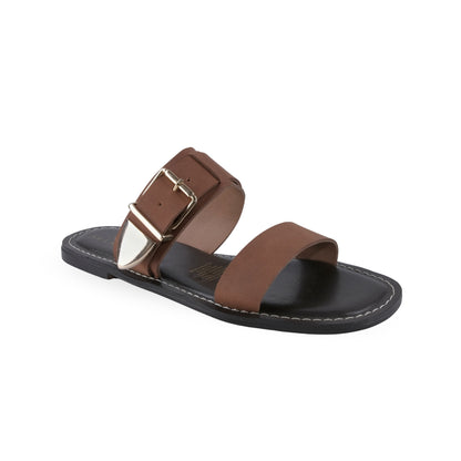 Sandalia slide café con dos tiras anchas y hebilla dorada para mujer