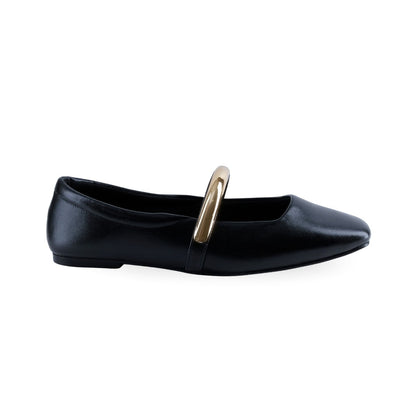 Flats negros de piso STS con detalle metálico dorado