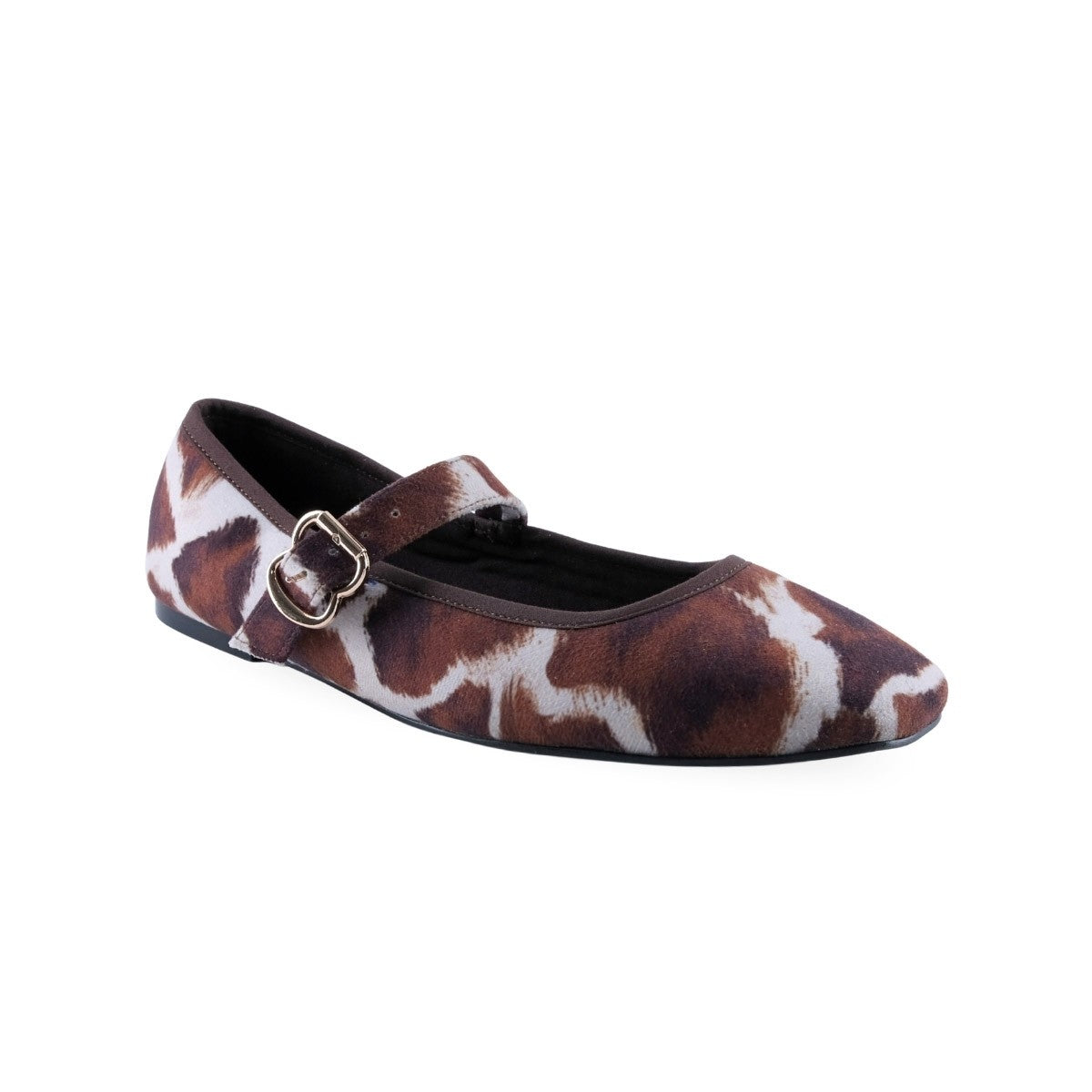 Flat Mary Jane animal print café y blanco con hebilla dorada vista lateral