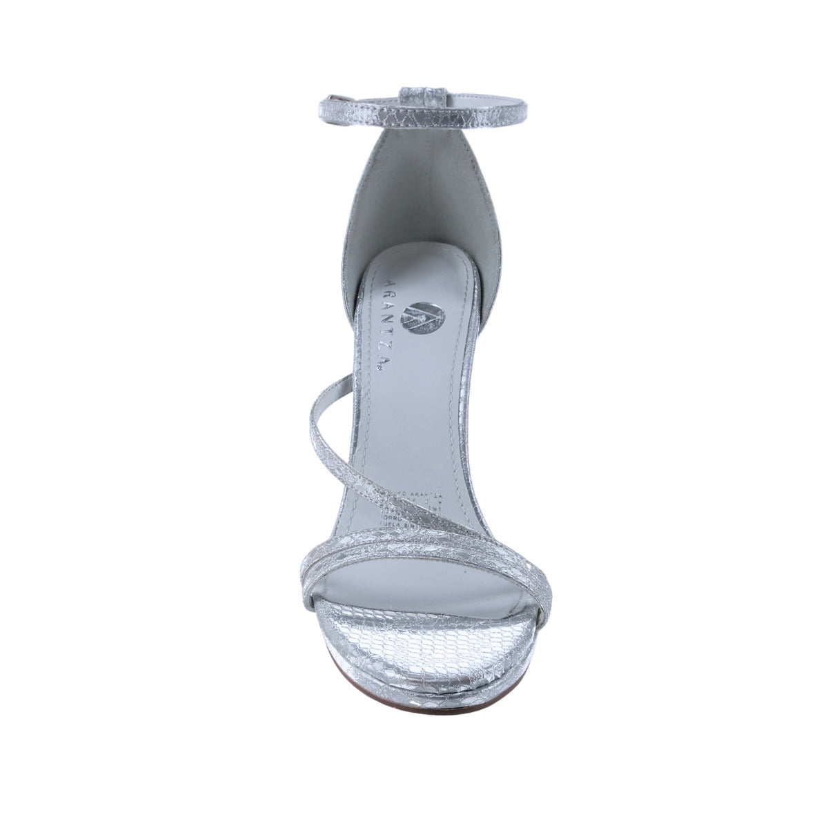 Zapatilla de tacón plateada texturizada con cierre de hebilla al tobillo