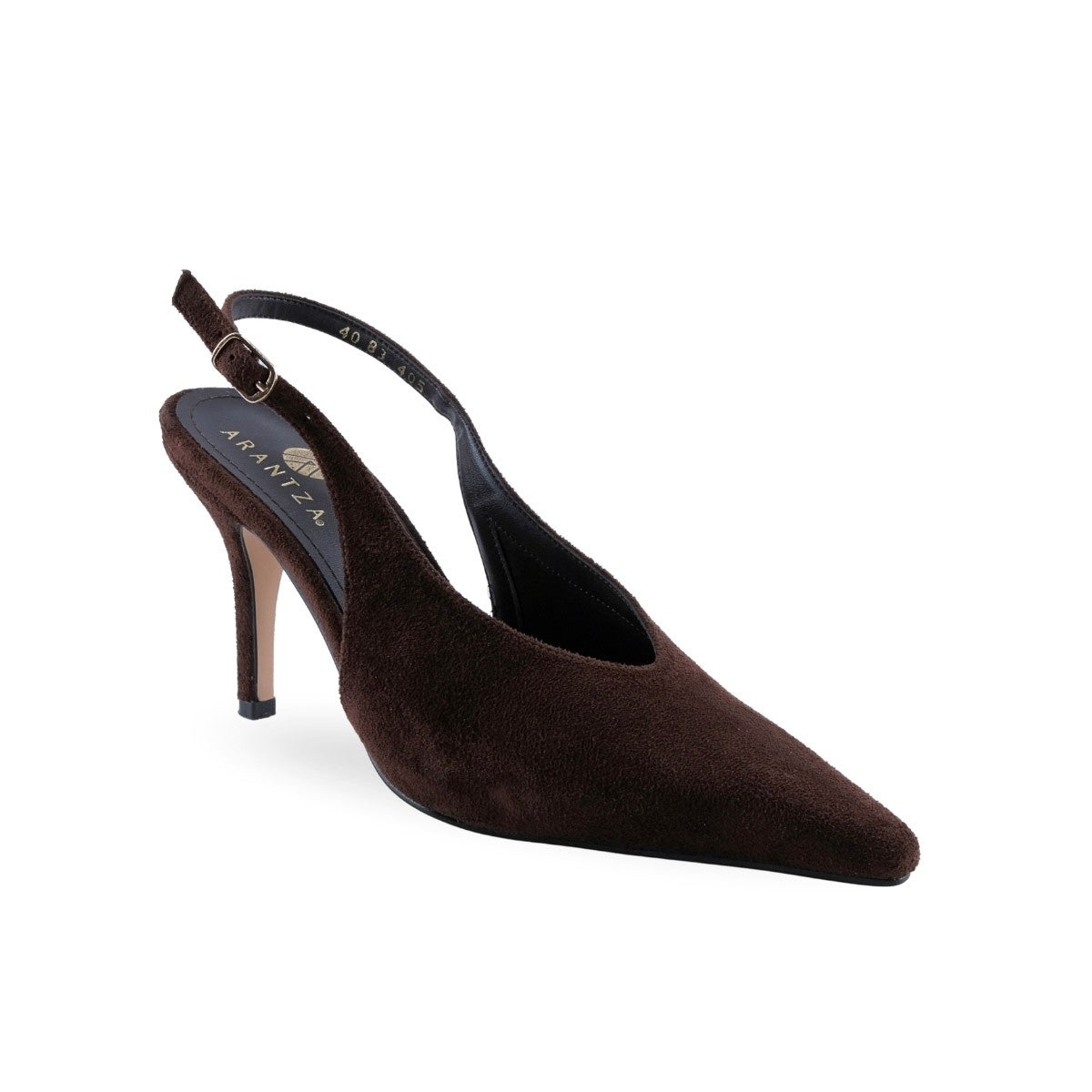 Tacón slingback café con punta puntiaguda y tacón de aguja para mujer