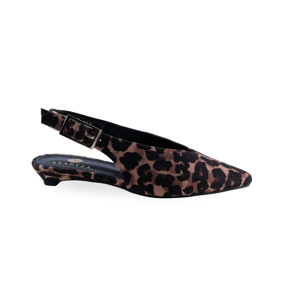 Tacón kitten bajo tipo gamuza con estampado de leopardo en tonos café y negro