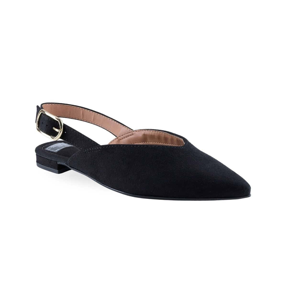 Flat slingback negro en gamuza sintética con puntera puntiaguda para mujer