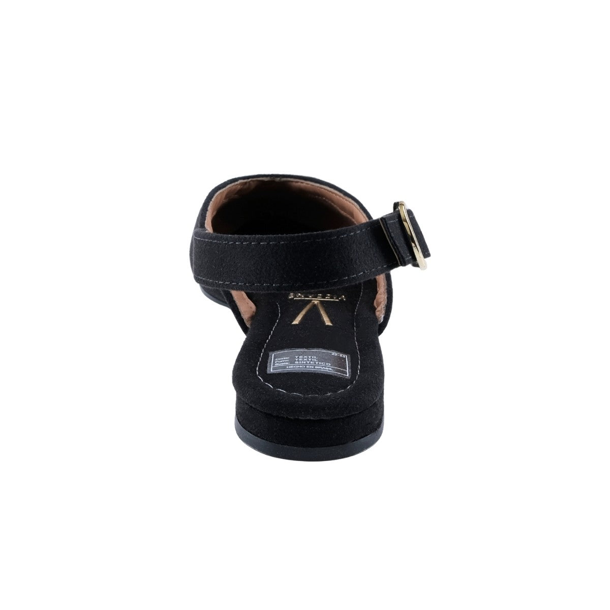 Flat plano negro de gamuza con escote frontal en pico vista tres cuartos