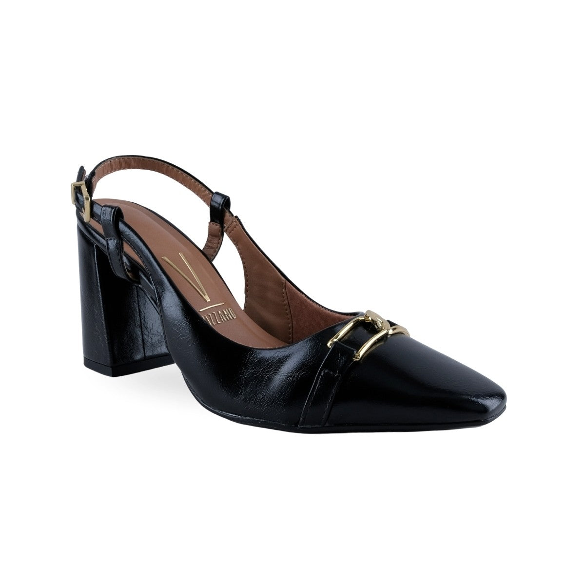 Zapatilla slingback negra con tacón de bloque y hebilla dorada al frente