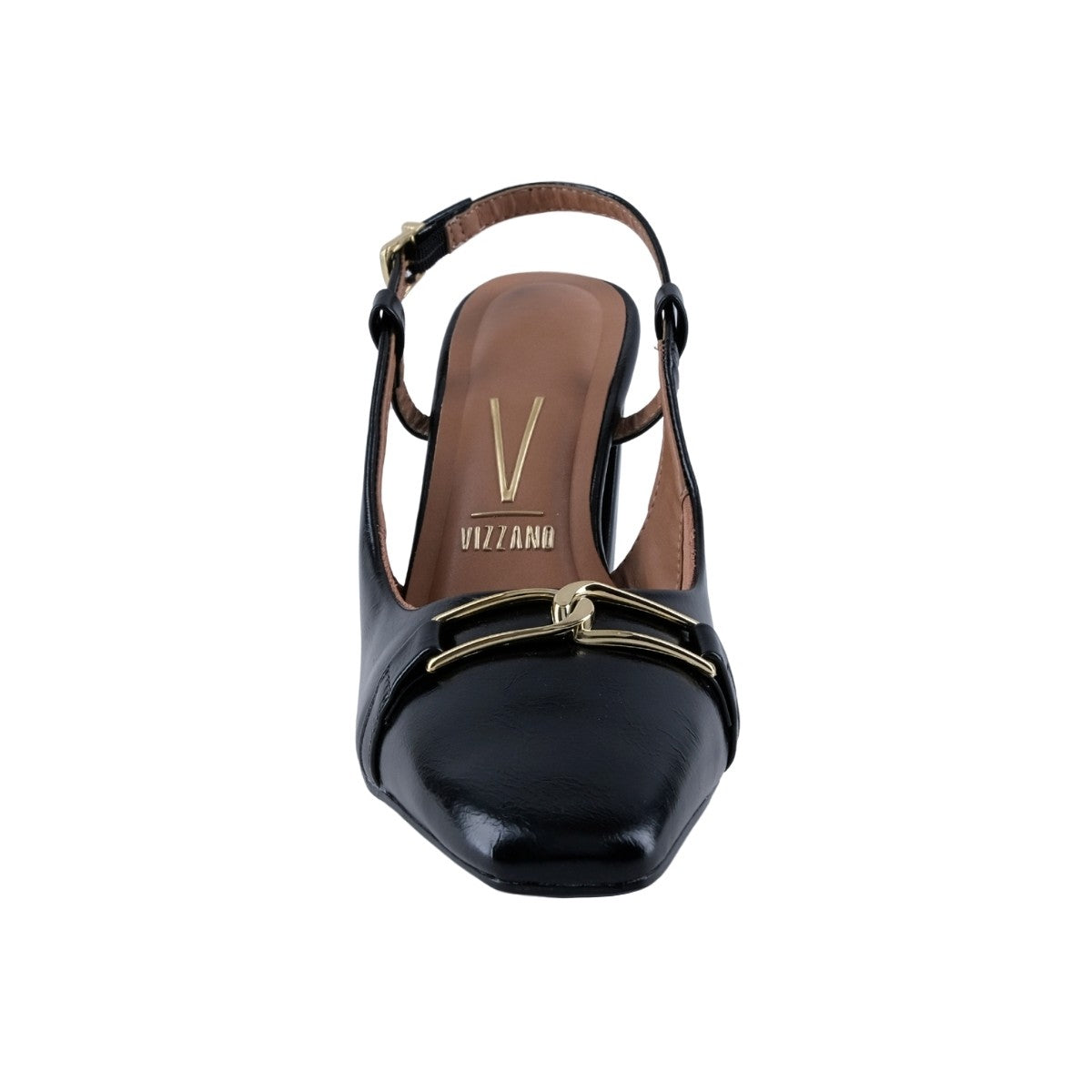 Slingback negro para oficina con detalle de herraje dorado