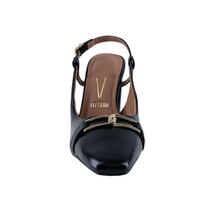 Slingback negro para oficina con detalle de herraje dorado