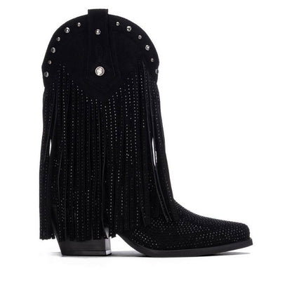 Bota vaquera negra con flecos y pedrería vista lateral