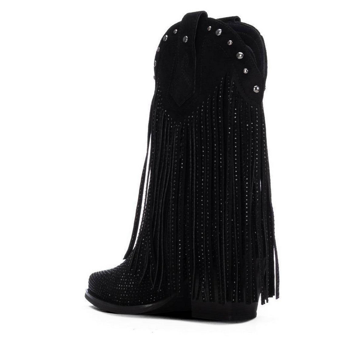 Bota de tacón cuadrado con puntera puntiaguda y brillos