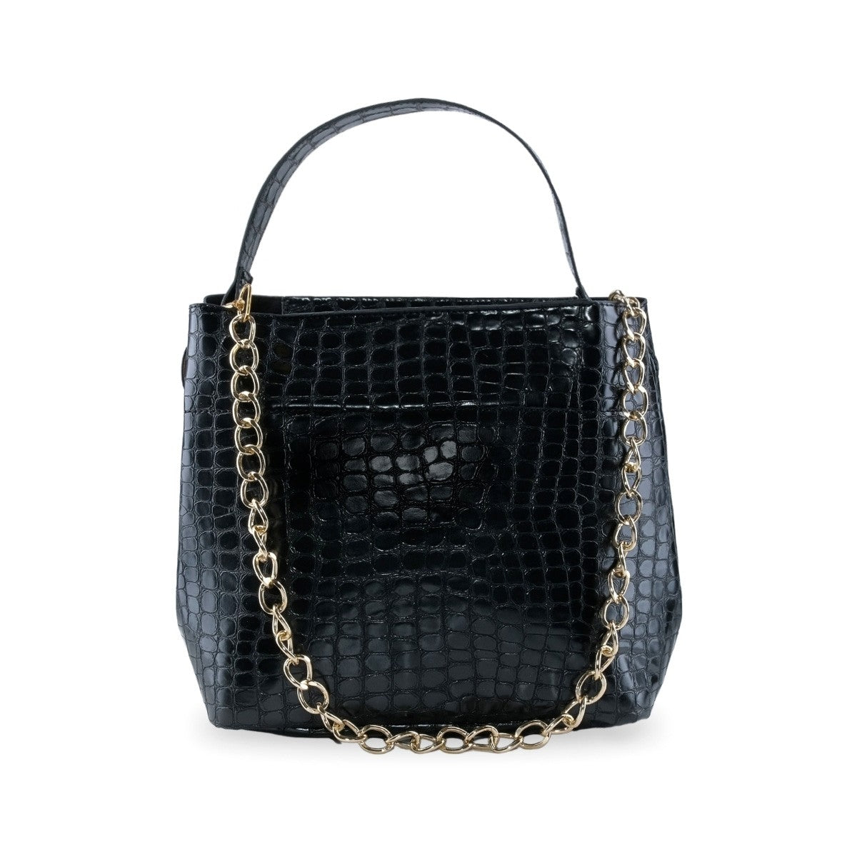 Bolsa cubeta negra textura cocodrilo con cadena dorada y asa superior