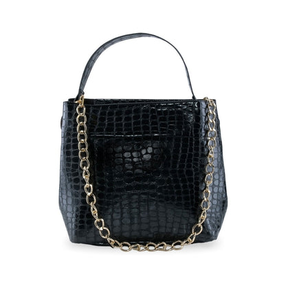 Bolsa cubeta negra textura cocodrilo con cadena dorada y asa superior