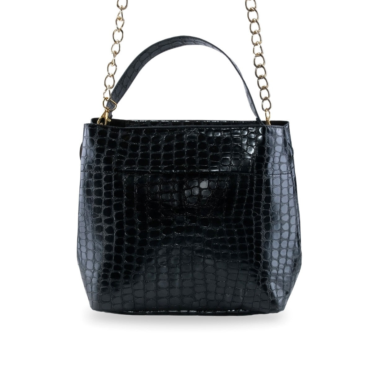 Bolsa mediana negra estructurada con herrajes dorados vista frontal